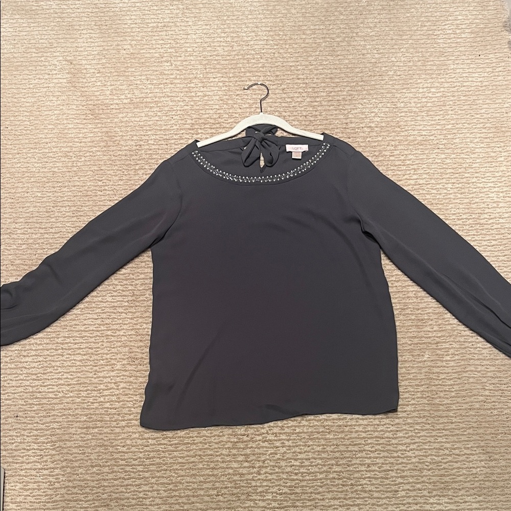 LOFT Dark Gray Blouse with Embellished Neckline